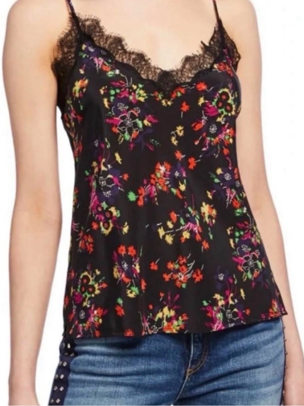 Veronica Beard Floral Lace Trim Cami Tank Top - Black Multi
